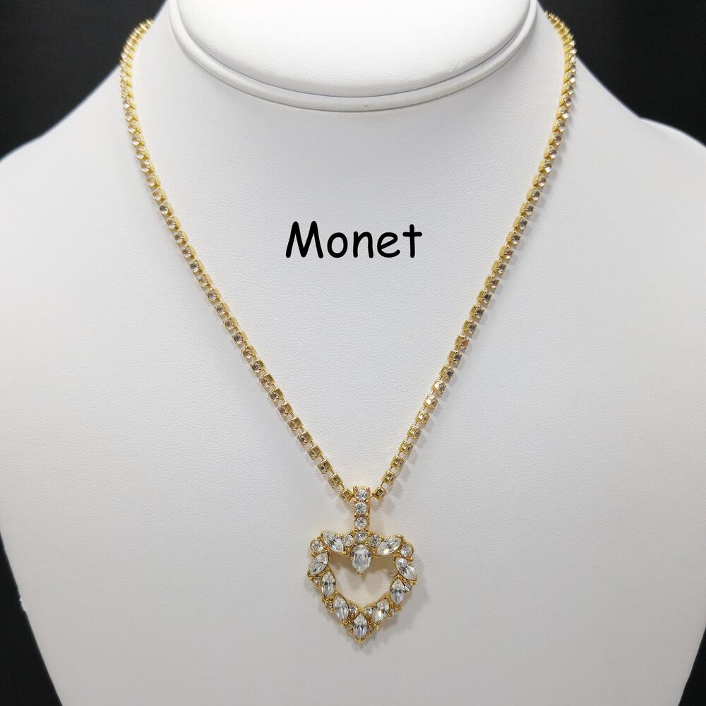 Vintage Monet Rhinestone Heart Necklace Gold Tone Marquise 1970s